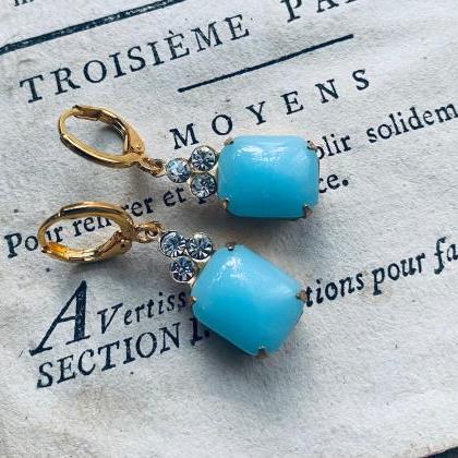 Vintage Rhinestone And Glass Earrings Pastel Aqua..