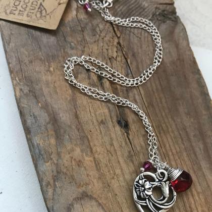 Silver Heart Necklace With Pink Quartz. Floral..