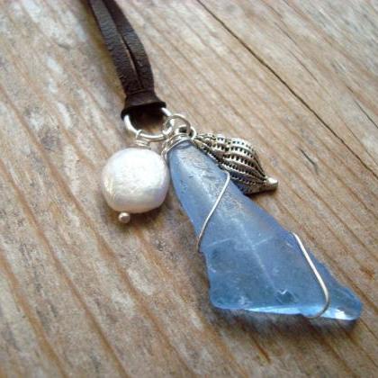 Blue Sea Glass Necklace With Silver Shell And..