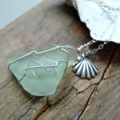 Blue Sea Glass Necklace With Silver Shell And..