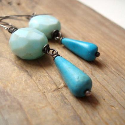 Blue Opal And Turquoise Earrings, Oxidized..