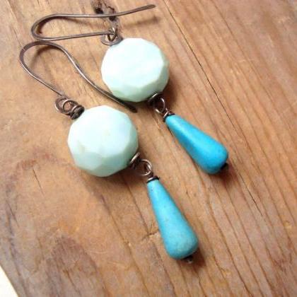 Blue Opal And Turquoise Earrings, Oxidized..
