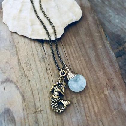 Gold Mermaid Necklace With Aquamarine, Beachy..