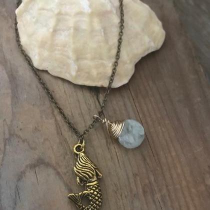 Gold Mermaid Necklace With Aquamarine, Beachy..