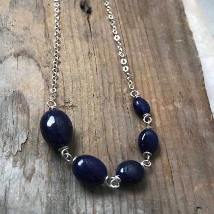 Sapphire Necklace, Sterling Silver Wire Wrapped,..