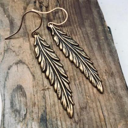 Large Antique Brass Feather Earrings Native..