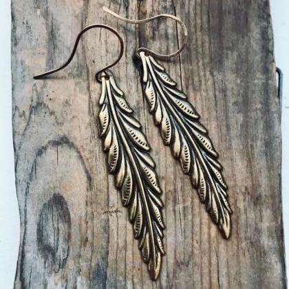 Large Antique Brass Feather Earrings Native..