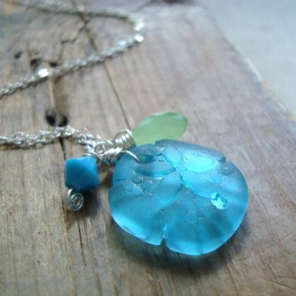 Aqua Sand Dollar Necklace With Crystals, Recycled..