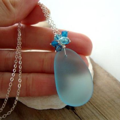 Ombre Sea Glass Necklace Dark Aqua Summer Fashion..