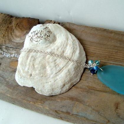 Ombre Sea Glass Necklace Dark Aqua Summer Fashion..