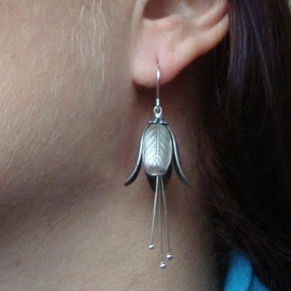 Silver Petal Earrings With Crystal Bridal Jewelry..