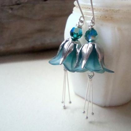 Teal And Silver Blossom Earrings, Lucite Holiday..