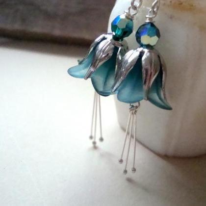 Teal And Silver Blossom Earrings, Lucite Holiday..