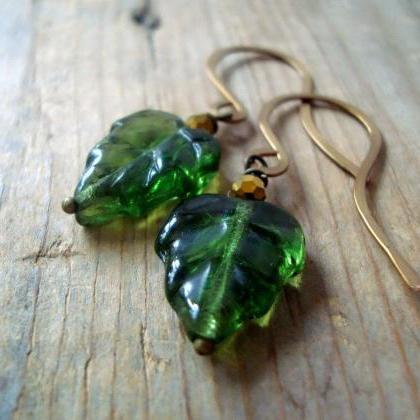 Green Maple Leaf Earrings Brass Jewelry Crystal..