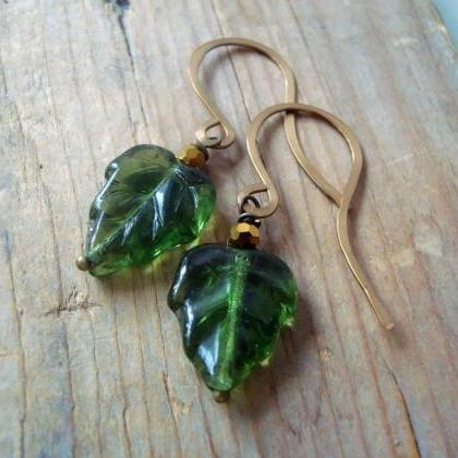Green Maple Leaf Earrings Brass Jewelry Crystal..
