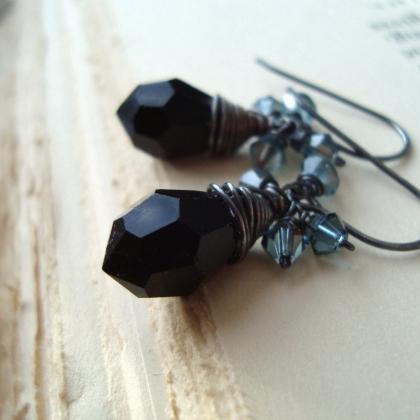 Black Vintage Glass Holiday Earrings, Magie Noire..