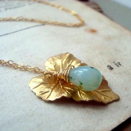 Ivy Leaf Necklace With Green Opal Glass Gold..