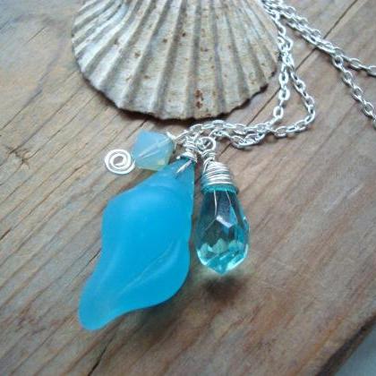 Sea Glass Necklace, Aqua Shell And Crystal,..