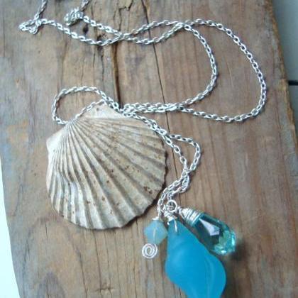 Sea Glass Necklace, Aqua Shell And Crystal,..