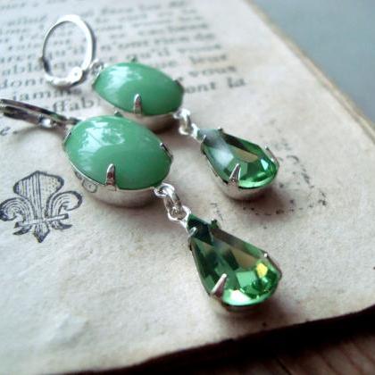 Mint Green Rhinestone Earrings, Vintage Style..