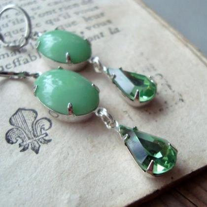 Mint Green Rhinestone Earrings, Vintage Style..