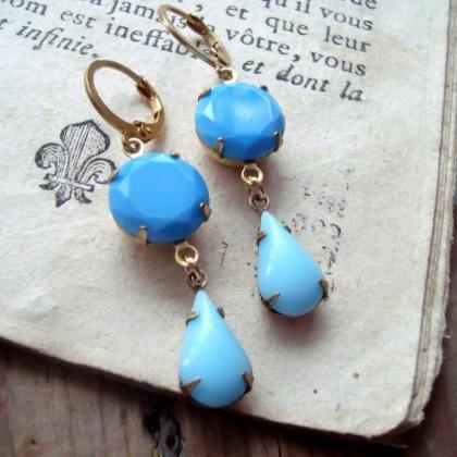 Sky Blue Rhinestone Earrings, Vintage Style..