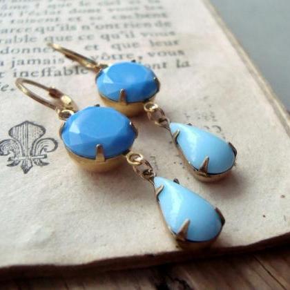 Sky Blue Rhinestone Earrings, Vintage Style..