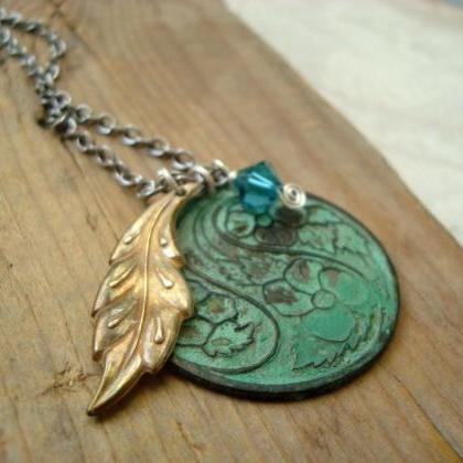 Floral Patina Necklace With Brass Leaf And Crystal..
