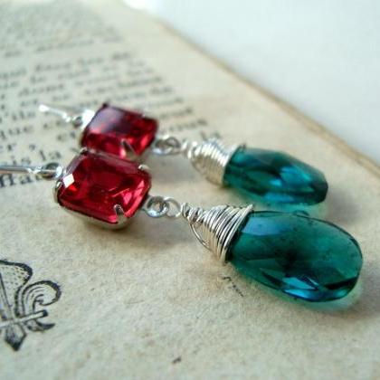 Red And Green Crystal Earrings Vintage Style..