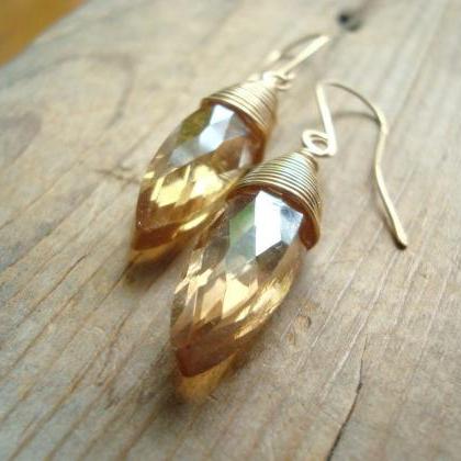 Golden Crystal Navette Earrings, Citrine Champagne..