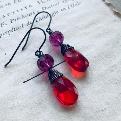 Holiday Crystal Earrings Red Fuchsia Oxidized..