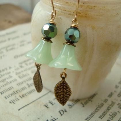 Mint Green Holiday Blossom Earrings With Crystals..