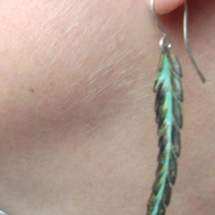 Feather Earrings - Green Patina Long Dangles Boho..