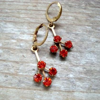 Orange Red Rhinestone Earrings Vintage Style..