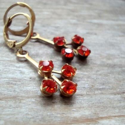 Orange Red Rhinestone Earrings Vintage Style..