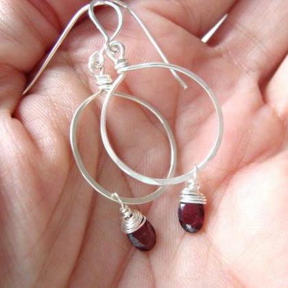 Tiny Cranberry Garnet Hoop Earrings Sterling..