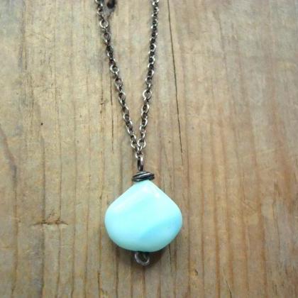 Blue Opal Teardrop Necklace, Oxidized Sterling..
