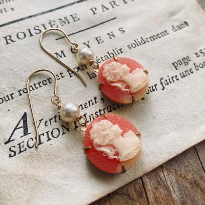 Cameo Earrings With Pearl Peach And Ivory Vintage..
