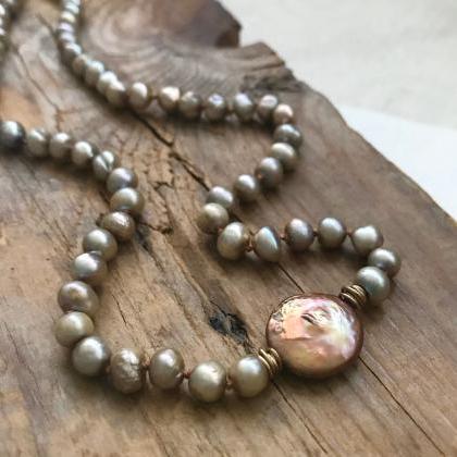 Golden Pearl Necklace With Sterling Silver. Boho..