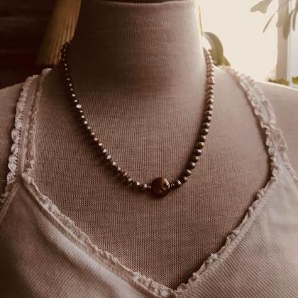 Golden Pearl Necklace With Sterling Silver. Boho..