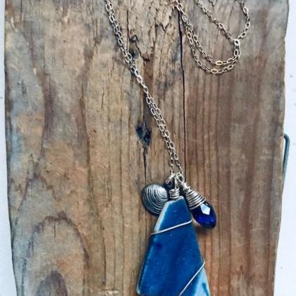 Sea Pottery Necklace Cobalt White With Silver Clam..