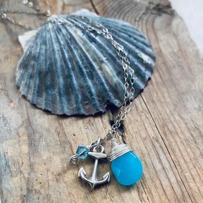 Anchor Necklace Nautical Jewelry Aqua Briolette..