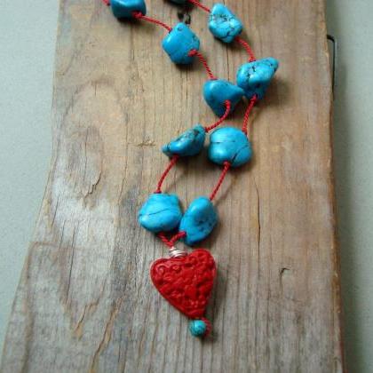 Turquoise And Cinnabar Heart Necklace - Boho Chic..