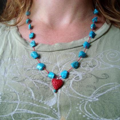 Turquoise And Cinnabar Heart Necklace - Boho Chic..