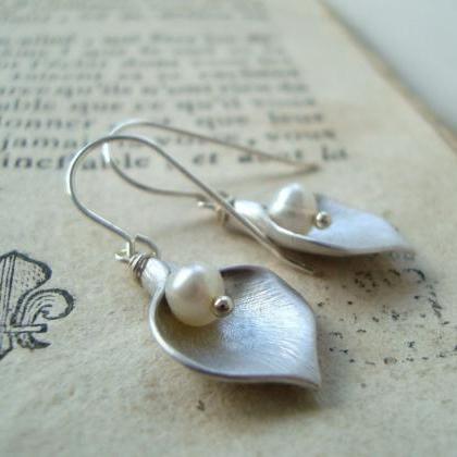 Silver Calla Lily Earrings With Whi..