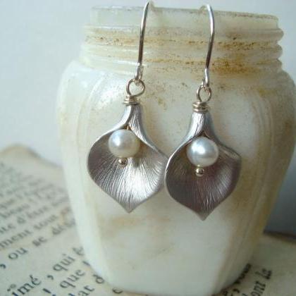 Silver Calla Lily Earrings With Whi..
