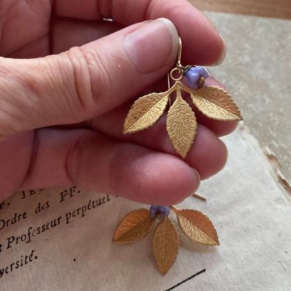 Brass Three Leaf Earrings With Purple Flower..