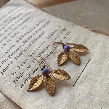 Brass Three Leaf Earrings With Purple Flower..