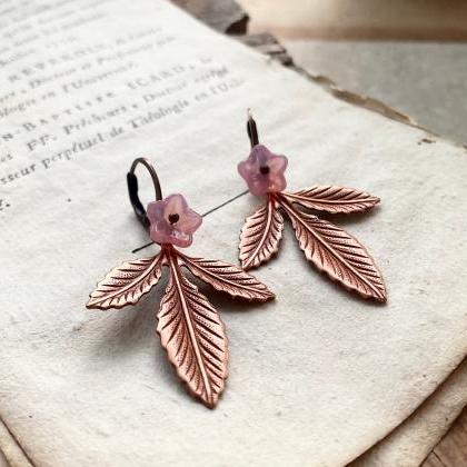 Copper Three Leaf Earrings With Pink Flower Nature..