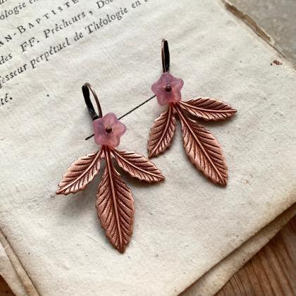 Copper Three Leaf Earrings With Pink Flower Nature..